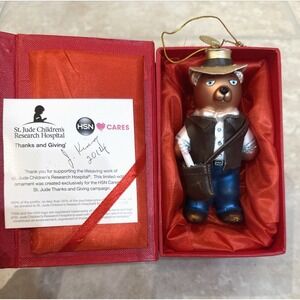 2014 J King Glass Cowboy Bear HSN Christmas Ornament St Jude Signed 405/500 Box